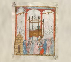 התנצרות של אישיות מרכזית בקהילה הייתה יכולה להעמיד את הקהילה בסכנה. חזן וקהל, מתוך מחזור מהעיר אּולְ ם שבגרמניה, סביבות 1430 | v.17fol 2884, .Or .MS Library British The