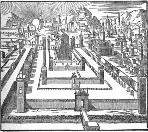 Flyleaf of the Frank Haggadah, 1857, showing a rebuilt Jerusalem