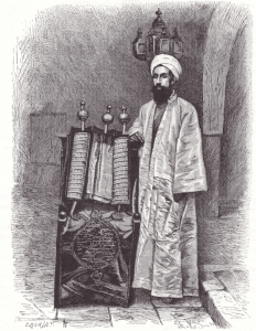  A late-nineteenth-century high priest with a Samaritan Torah Scroll, illustration from Through Samaria to Galilee and the Jordan by Josias Leslie Porter, London, 1889