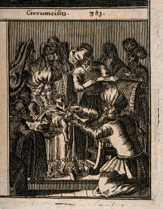 A Jew who fathered a son by his maidservant was obliged to circumcise him. Circumcision, woodcut, 1682 I Courtesy of the Wellcome Collection