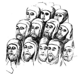 The monastery library reflects the monks’ perpetual industry. Georgian monks, restored wall sketch from the Monastery of the Cross