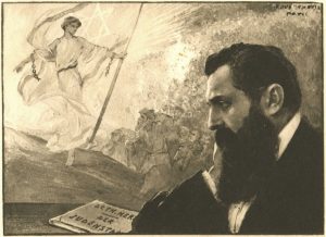 Zeitlin left the Zionist Congress after it rejected the Uganda Plan. German postcard of Herzl against the backdrop of the exodus from Egypt, led by an angelic flagbearer, early 20th century I Courtesy of the Gross Family, Center for Jewish Art, Hebrew University of Jerusalem