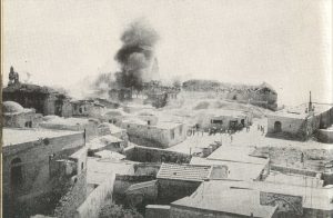 Refugees from the captured Old City took their matza with them to the newer Jewish neighborhoods, anticipating no food anywhere in the city. Houses burn in the surrendered Jewish Quarter I Reprinted from John Ray Carlson, Cairo to Damascus (Knopf, 1951)